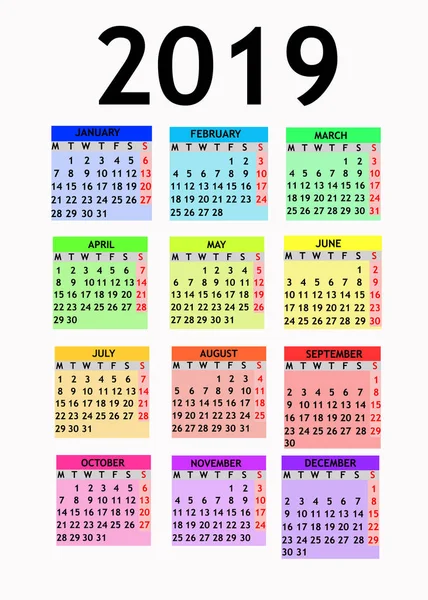 Colorful design for calendar 2019.
