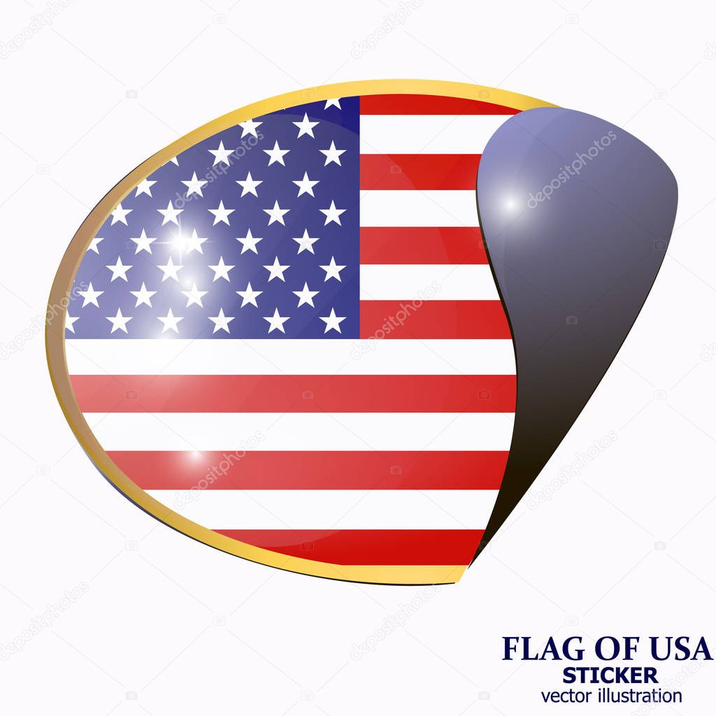 Bright sticker with flag of USA. Happy America day background. Illustration with white background.