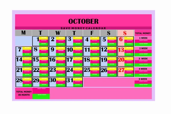 Calendar save money. Design month october 2019.