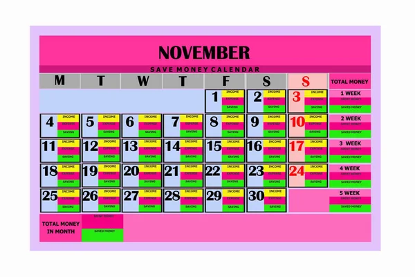 Calendar save money. Design month november 2019.