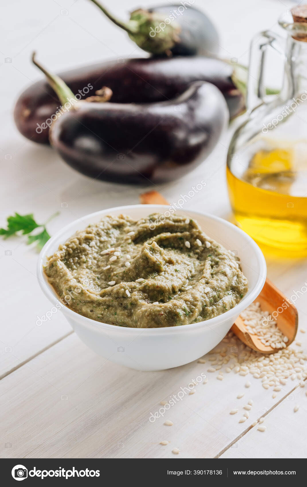 Traditional Arabian Eggplant Dip Baba Ganoush White Wooden Table