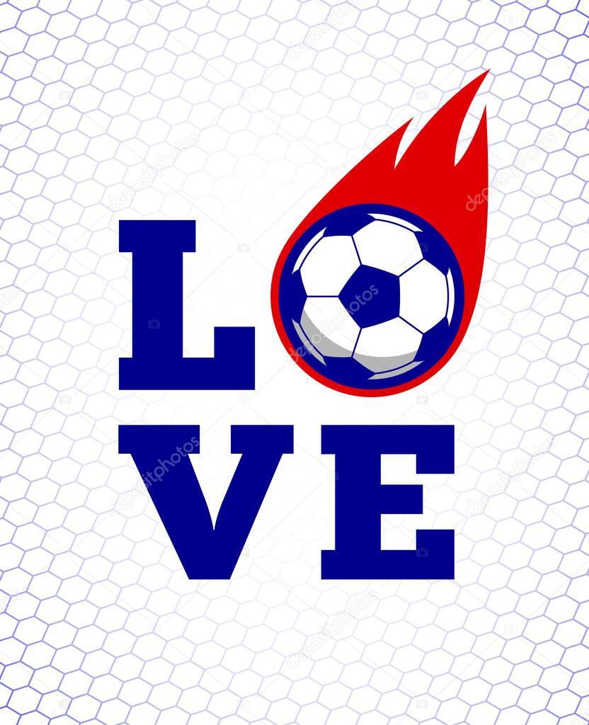 Soccer football sport game fire ball design illustration on white goal net backdrop. Tee shirt clothing apparel print banner background. Abstract concept lettering logo slogan.