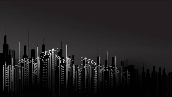 Modern vektör karanlık gece şehir ufku gökyüzü çizici arka plan. Mimari işletme binası. Siyah akşam tasarımı şablonu..