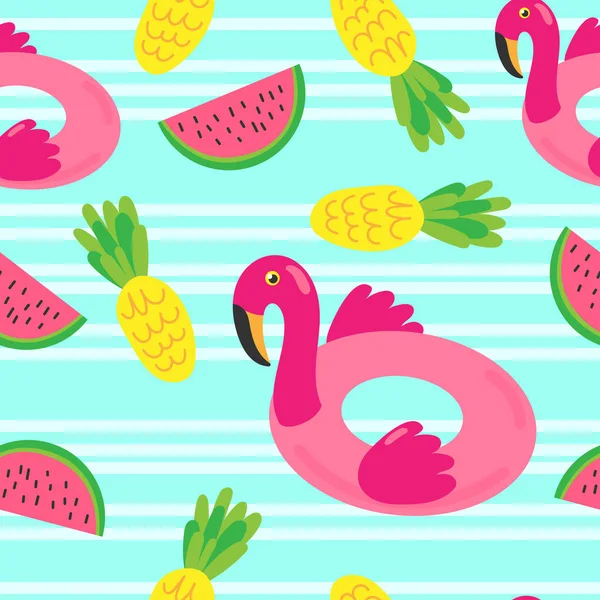 Pink Inflatable Circle Form Flamingo Watermelons Pineapples Blue Background Vector Graphics