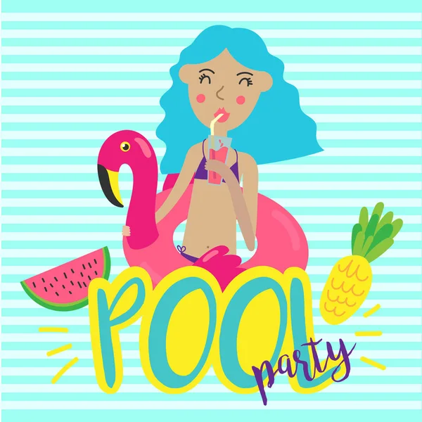 Woman Blue Hair Drinking Cocktail Pink Inflatable Circle Form Flamingo Vector Graphics