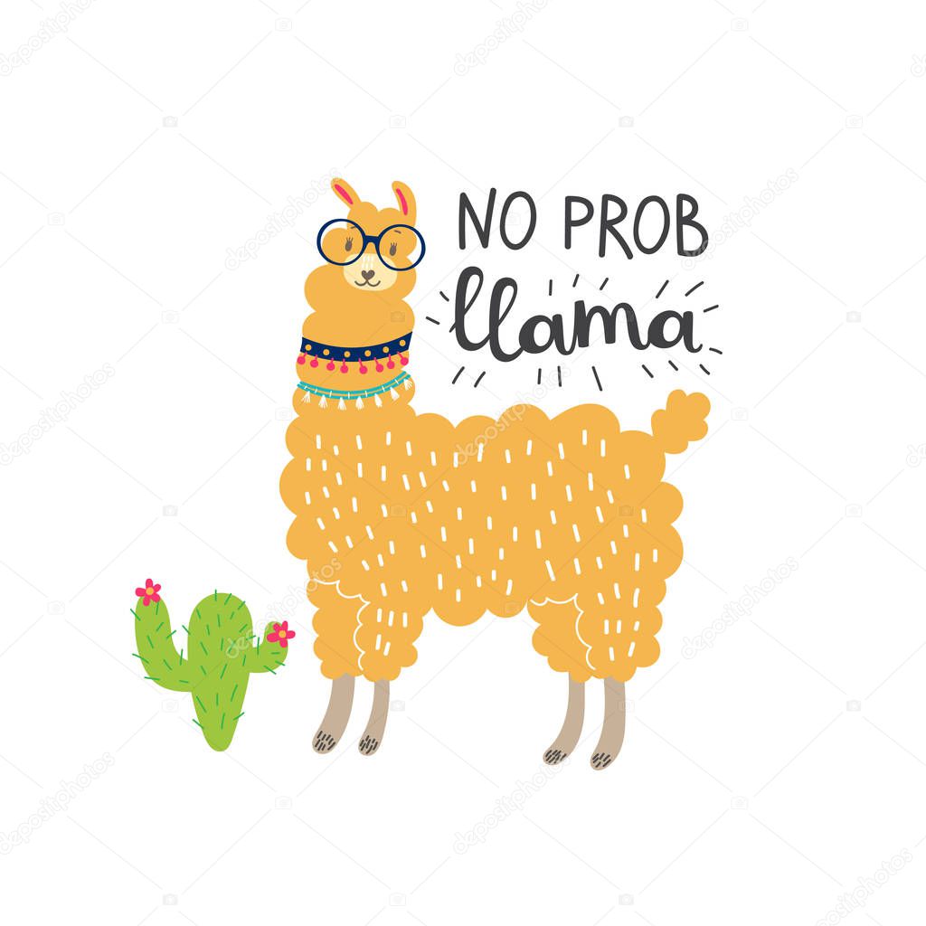 Cartoon llama with cactus on background stock illustration