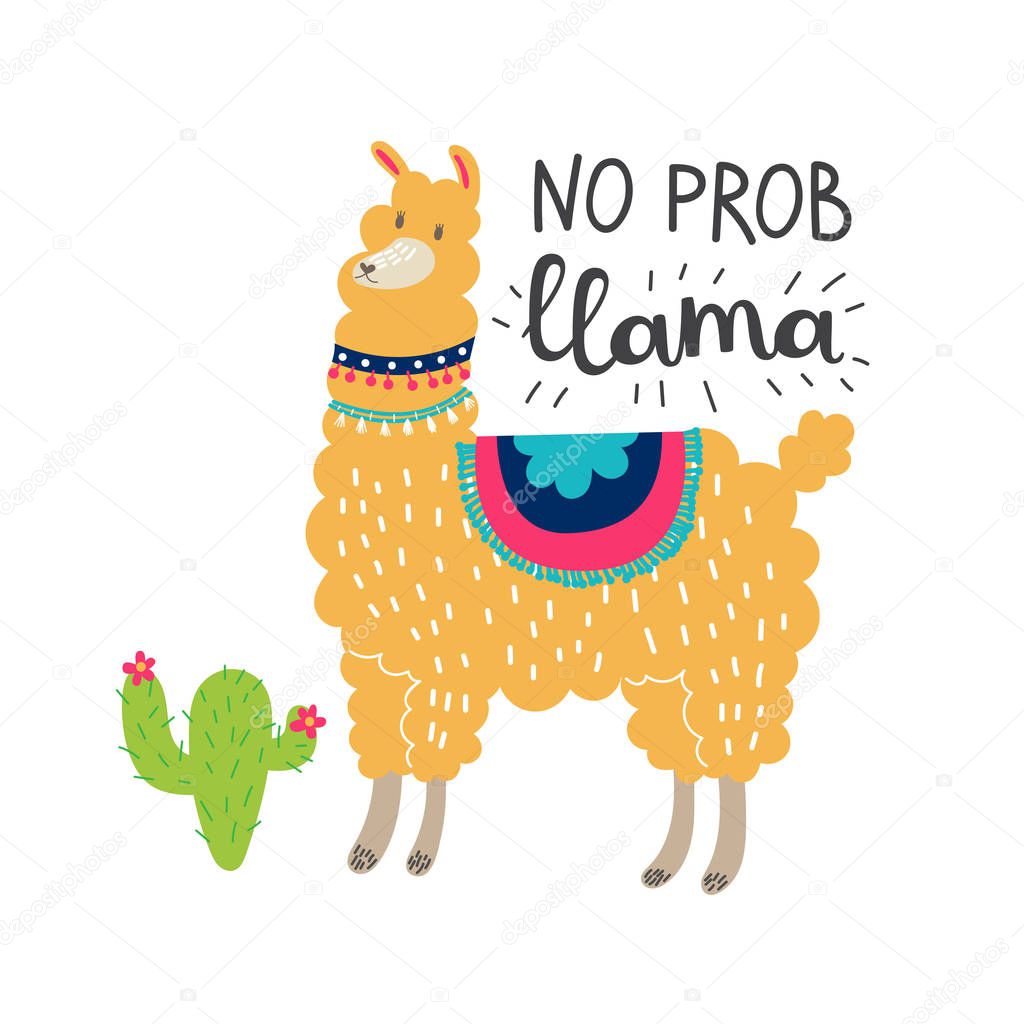 Cartoon llama with cactus on background stock illustration