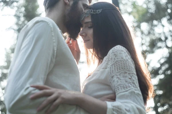 Young Beautiful Slavic Couple Love Walks Woods Sweet Girl Simple — Stock Photo, Image