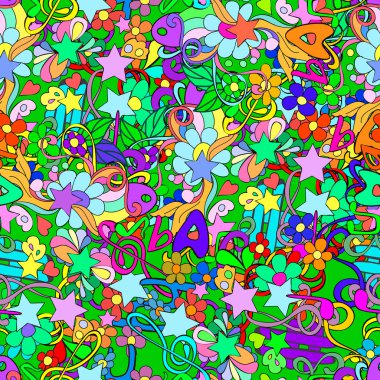 Çiçekler ve girdaplar, notlar, kutsal anahtar, harfler ile Doodle dikişsiz desen, kullanıcı bir dekor, kartlar, davetiye, web tasarımı olabilir.