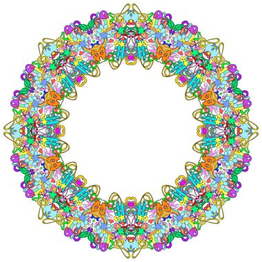 Süs yuvarlak organik desen, beyaz arka plan üzerinde birçok ayrıntı ile daire renkli mandala. Süs duvar kağıdı için kullanılabilir, desen doldurur. Mutlu tasarım Deseni. Arapça, Hindistan, İslam, Asya.