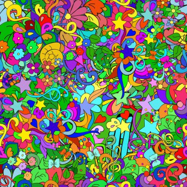 Çiçekler, girdaplar, yıldızlar ve yaprakları ile Doodle dikişsiz desen, kullanıcı bir dekor, kartlar, davetiye, web tasarımı olabilir.