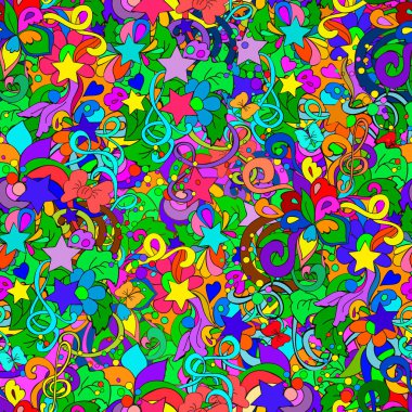 Çiçekler, girdaplar, yıldızlar ve yaprakları ile Doodle dikişsiz desen, kullanıcı bir dekor, kartlar, davetiye, web tasarımı olabilir.