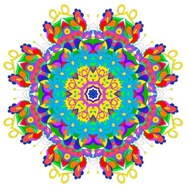 Süs yuvarlak organik desen, beyaz arka plan üzerinde birçok ayrıntı ile daire renkli mandala, duvar kağıdı için kullanılabilir, desen dolgular, arka plan, yüzey dokular. Mutlu tasarım Deseni. Arapça, Hindistan, İslam, Asya.