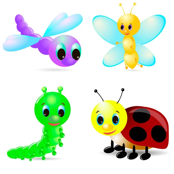 Cartoon caterpillar, ladybird, dragonfly, 3d butterfly on white background, with shadow.