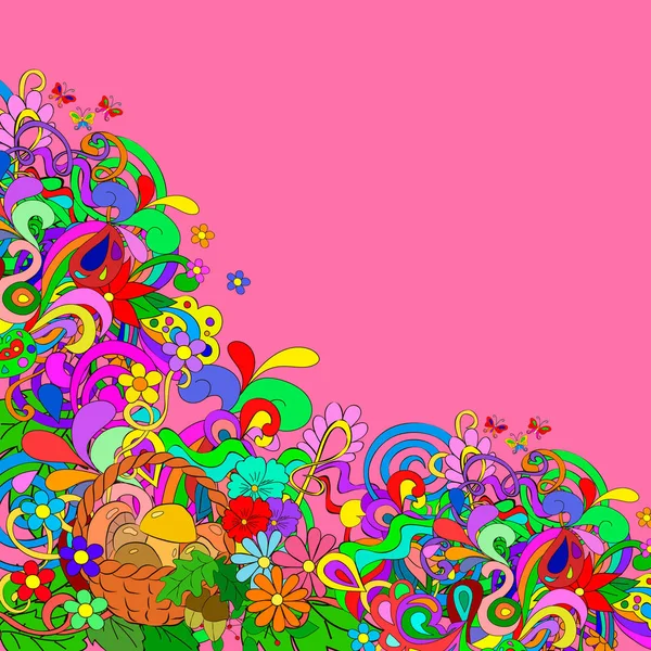 Flat Style Vector Illustration Flowers Swirls Basket Mushrooms Leaves Bright — Stock Photo, Image