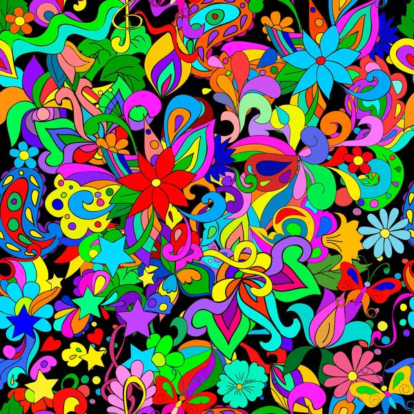 Doode图案与鲜花和漩涡的黑色背景 可以是用户装饰 网页设计 — 图库照片