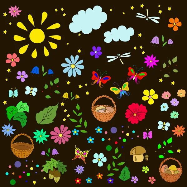 Children\'s summer pattern with flowers, leaves, mushrooms, sun, clouds, dragonflies, bees, stars and butterflies on black background, can be used for wallpaper, pattern fills, web page background,surface textures.