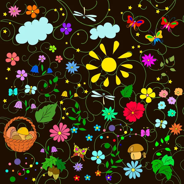 Children\'s summer pattern with flowers, leaves, mushrooms, sun, clouds, dragonflies, bees, stars and butterflies on black background, can be used for wallpaper, pattern fills, web page background,surface textures.