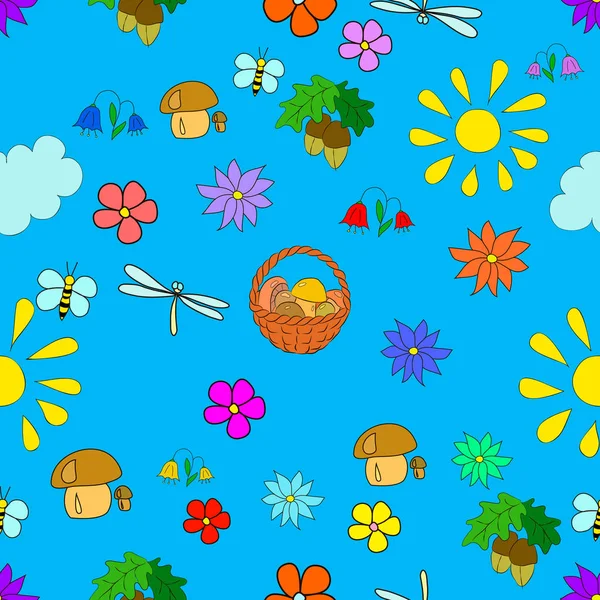 Children\'s seamless summer pattern with flowers, leaves, mushrooms, sun, clouds, dragonflies, bees, stars and butterflies on blue background, can be used for wallpaper, pattern fills, web page background,surface textures.
