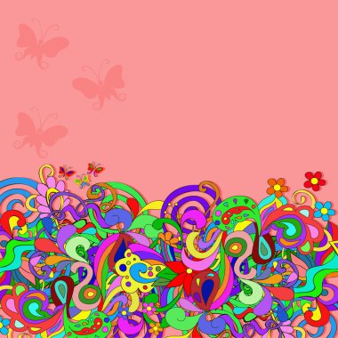 Çiçekler, kelebek, girdaplar ve yaprakları ile Düz stil vektör illüstrasyon. Parlak pembe romantik arka planlar. Bu resim bir tebrik kartı, sevgililer veya düğün davetiyesi için kullanılabilir. Mutlu tasarım deseni.