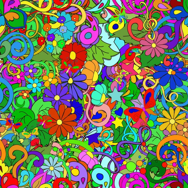 涂鸦图案与鲜花和漩涡的绿色背景 可以用户装饰 网页设计 — 图库照片