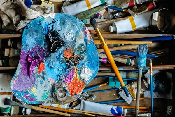 Palette Oil Paints Artist Box Art Tools Mess — Stock Photo, Image