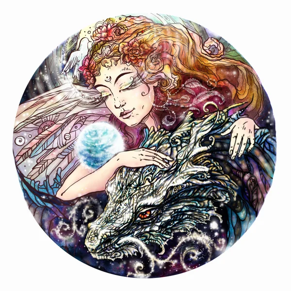 Illustration girl angel and dragon. Magic is the birth of the world.