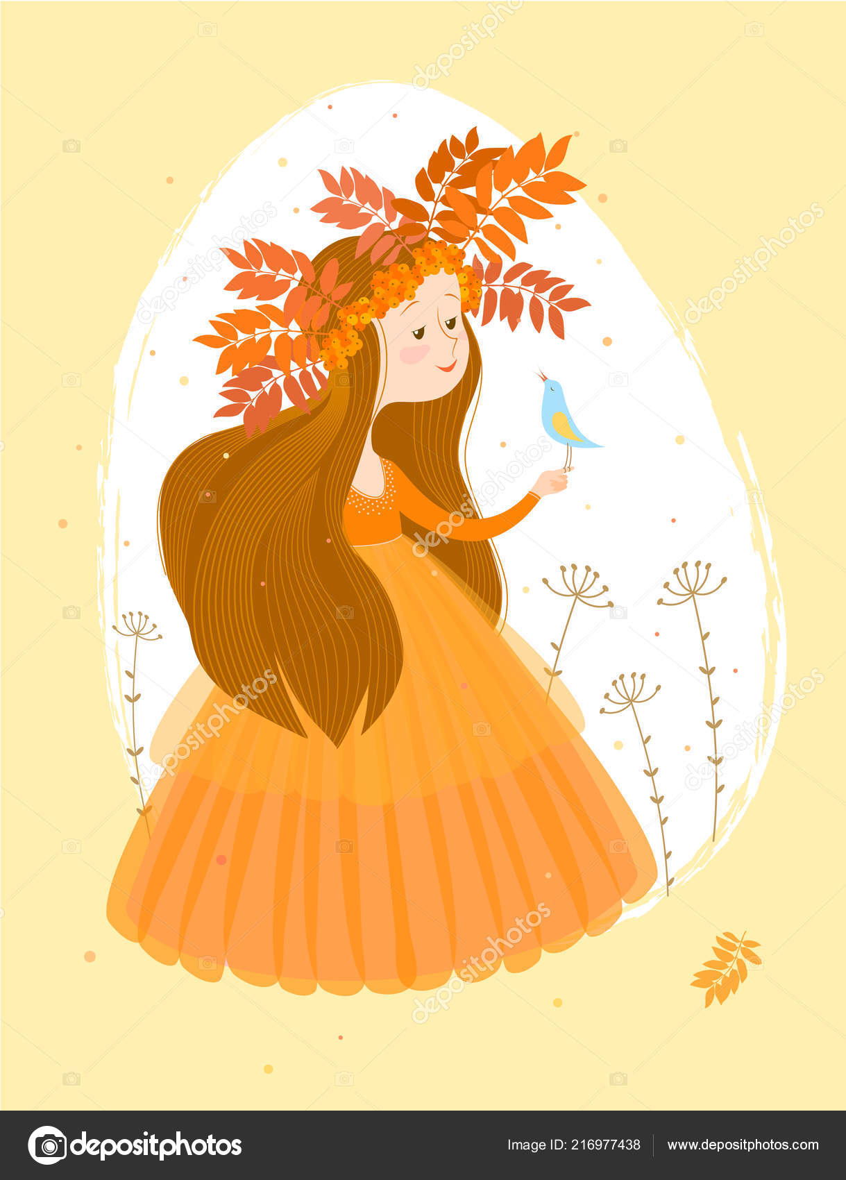 Illustration Autumn Image Cute Girl Long Brown Hair Orange Dress