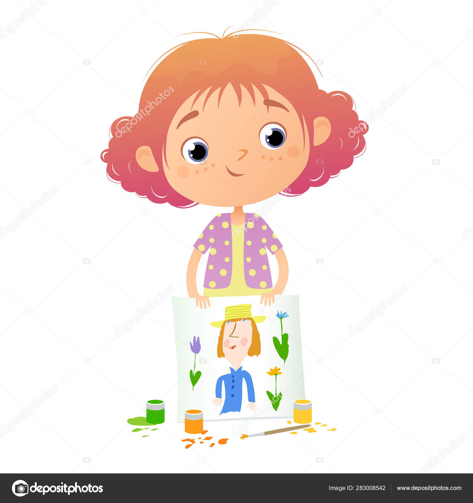 Cute Cartoon Girl Wavy Hair Stands Shows Picture Portrait Girl