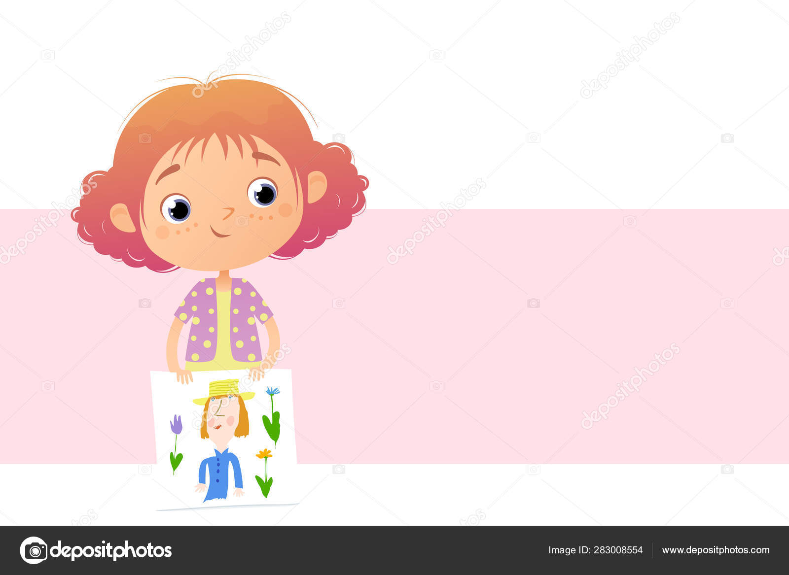 Horizontal Pink Background Your Text Cute Cartoon Girl Wavy Hair