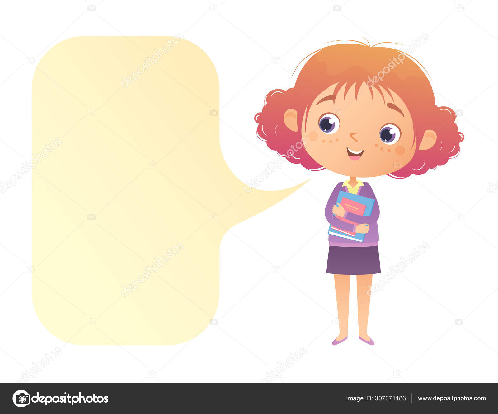 面白い漫画のカーリーの女の子は 本を保持し 何かを言って立っています 左側にテキストのバブルがあります ストックベクター C Ele Nik
