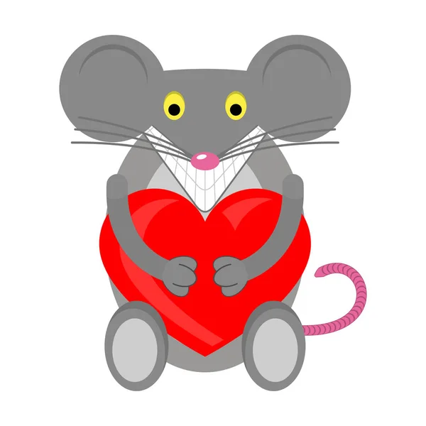 Cartoon Animal Mouse Red Heart Vector Illustration Clipart Drawing — Stock Vector
