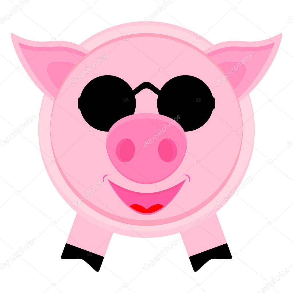 Cute pig in black round glasses. Vector cartoon illustration. Clipart and drawing on white background.  