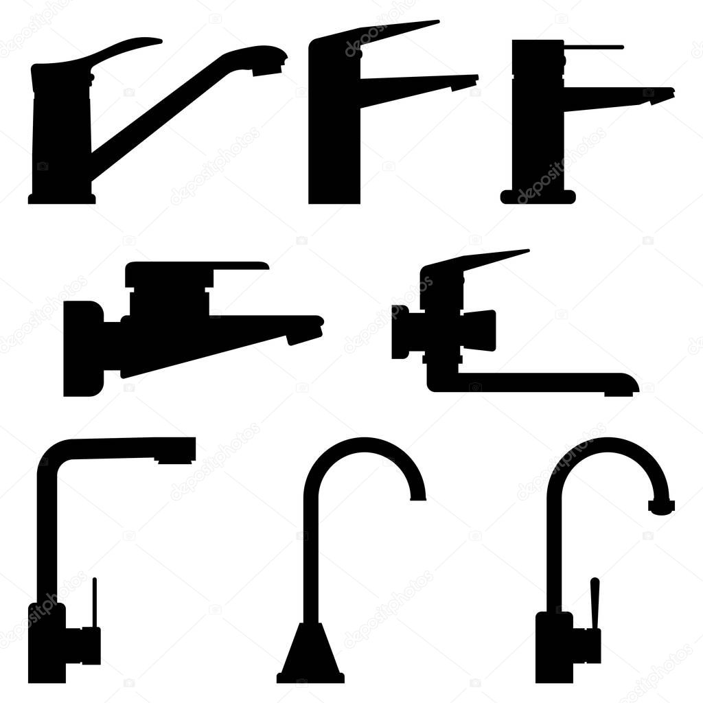 Set of black silhouettes faucets for bathroom and kitchen. Water tap icons. Isolated graphic vector illustration.   