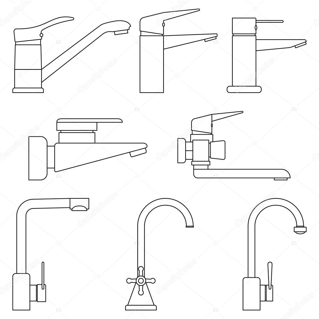 Set of icons water taps, faucets for bathroom and kitchen on white background. Transparent and outline icons. Vector illustration. 