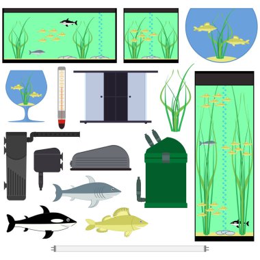 Akvaryum için ekipman. Balıklı sualtı vektör elementleri, bitki taşları, yosunlar. Farklı şekillerde akvaryum tankları. Beyaz arkaplanda izole. 