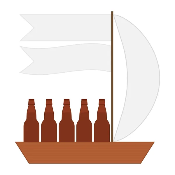 Garrafas Cerveja Barco Vela Madeira Com Uma Longa Bandeira Bandeiras —  Vetores de Stock