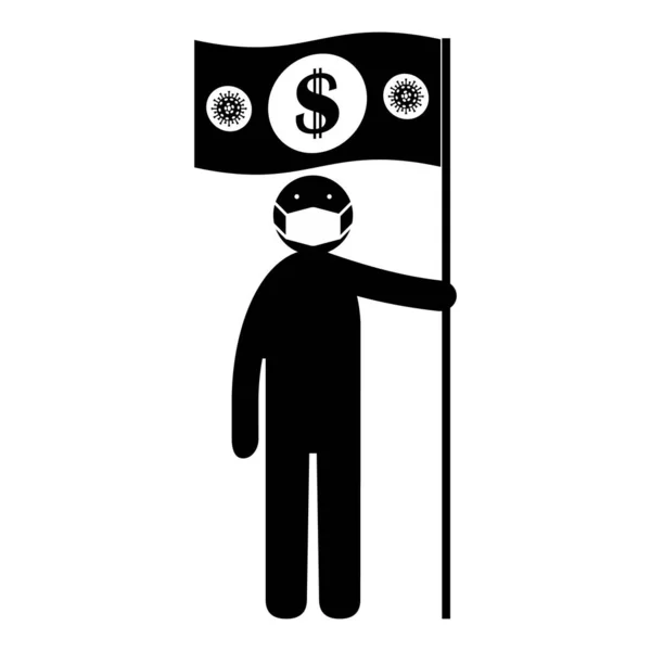 一个戴防护医疗面具的男人拿着一面标有美元和验尸标志的国旗的雕像 孤立的矢量图解 黑色轮廓 — 图库矢量图片