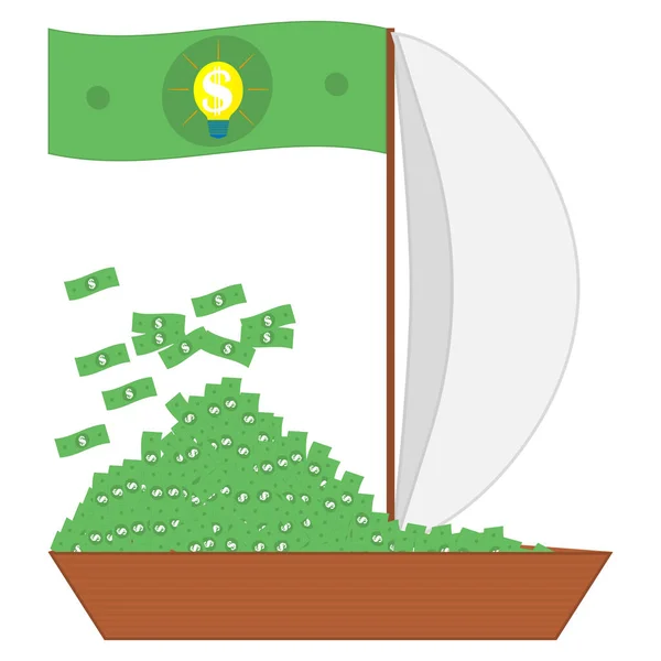 Boat Full Green Paper Money Dollar Signs Bright Light Bulb — Stock Vector