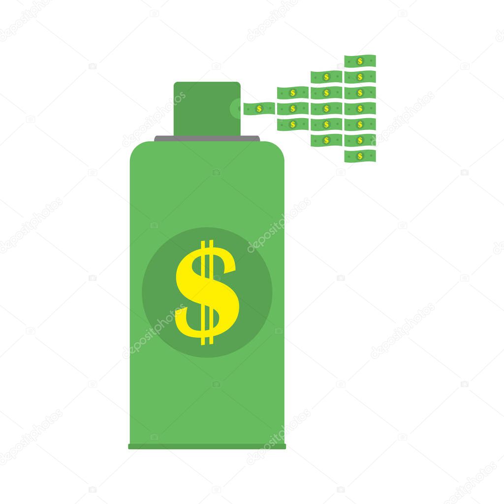 Spray of money and dollars from a dispenser. A lot of money is sprayed from the dispenser nozzle into the air. Vector illustration.