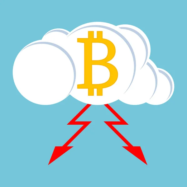Mavi Arka Planda Gök Gürültüsü Bulutu Üzerinde Şimşek Olan Bitcoin — Stok Vektör