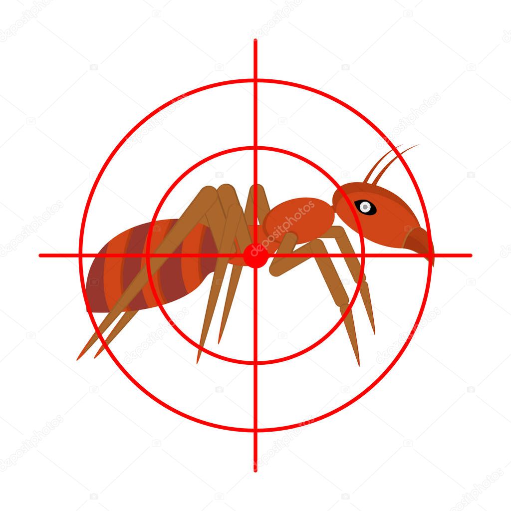 Ant and aim, target. Side view. Insect protection concept. Isolated vector illustration on white background.
