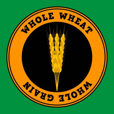 Buğday kulaklı logo. Yuvarlak şekiller, altın, siyah, yeşil ve sarı renkler. Yazıtlar tam buğday. Amblem, ikon. İzole vektör illüstrasyonu.