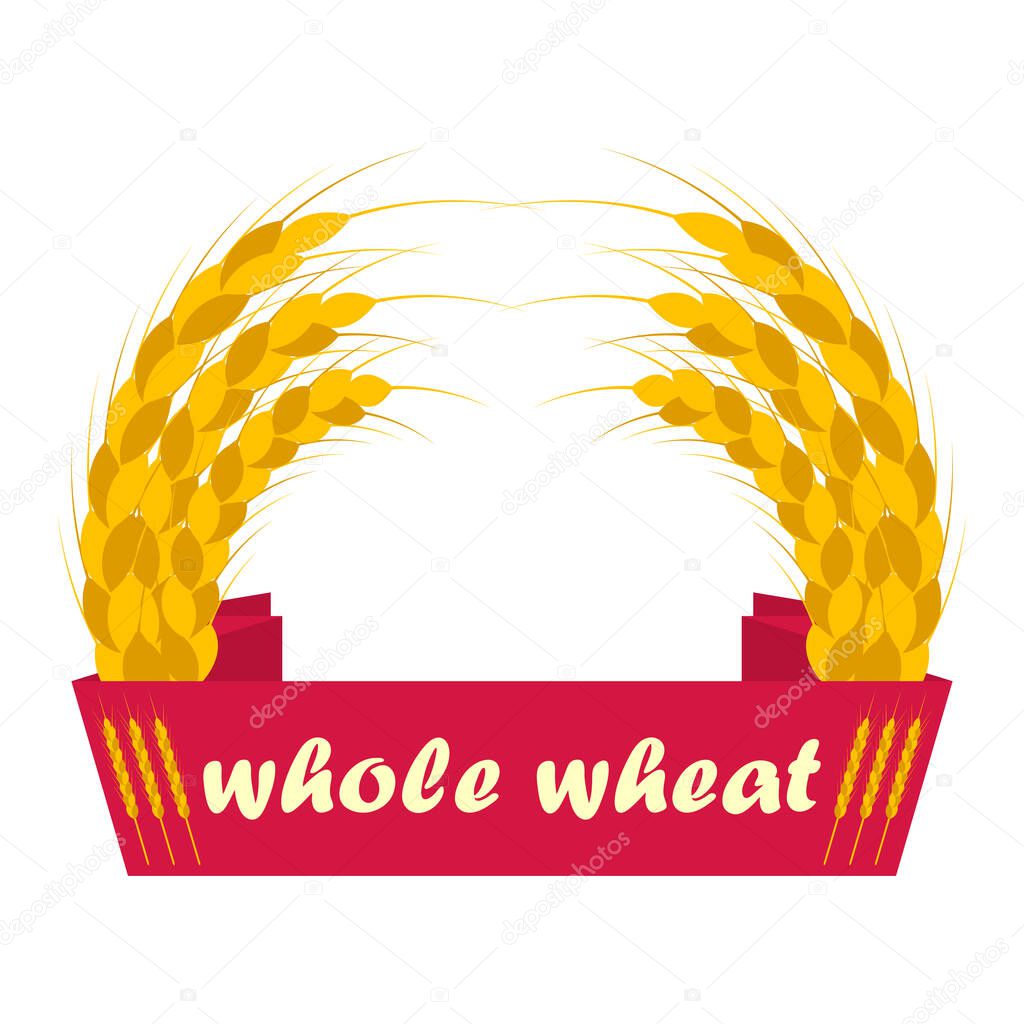 Wheat ears logo. Ribbon with the inscription whole wheat. Round shapes, golden and yellow colors. Emblem, icon. Isolated vector illustration.