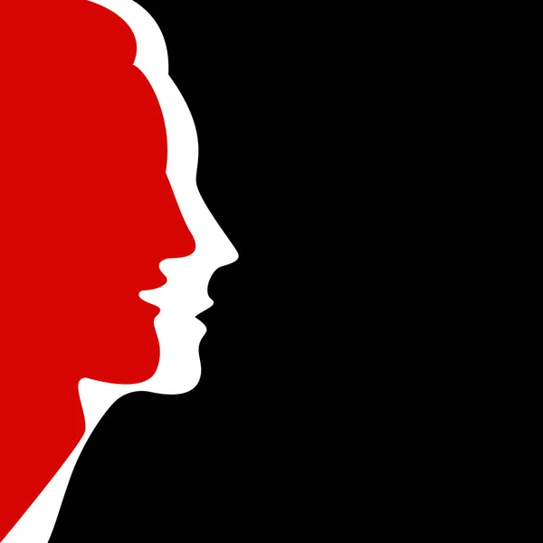 Férfiak Nők Arcának Sziluettjei Fekete Háttérrel Piros Fehér Színek Vektorillusztráció — Stock Vector