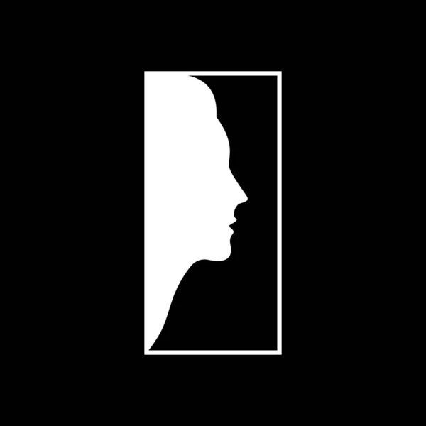 Logo Silhouette Testa Volti Donna Cornice Bianca Sfondo Nero Illustrazione — Vettoriale Stock