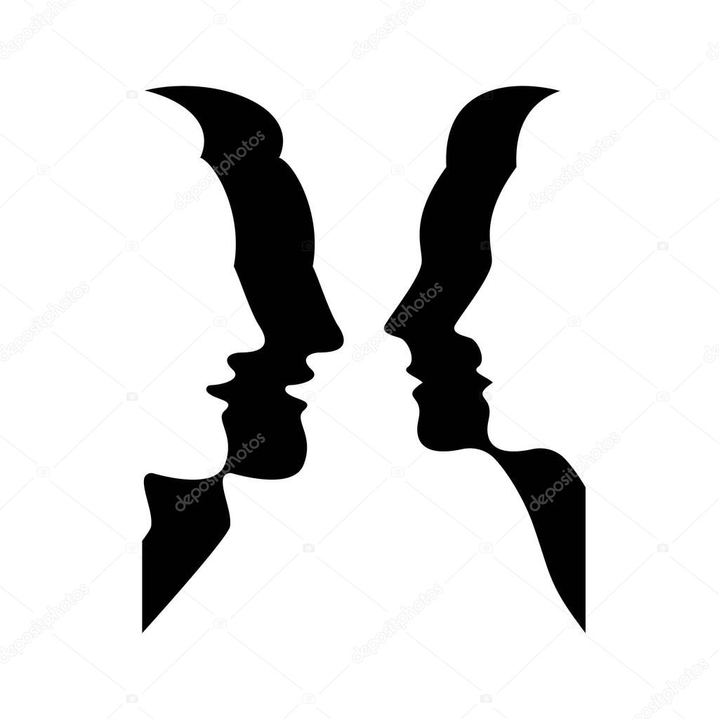 Abstract silhouettes of faces of men and women. Black and white. Vector illustration.