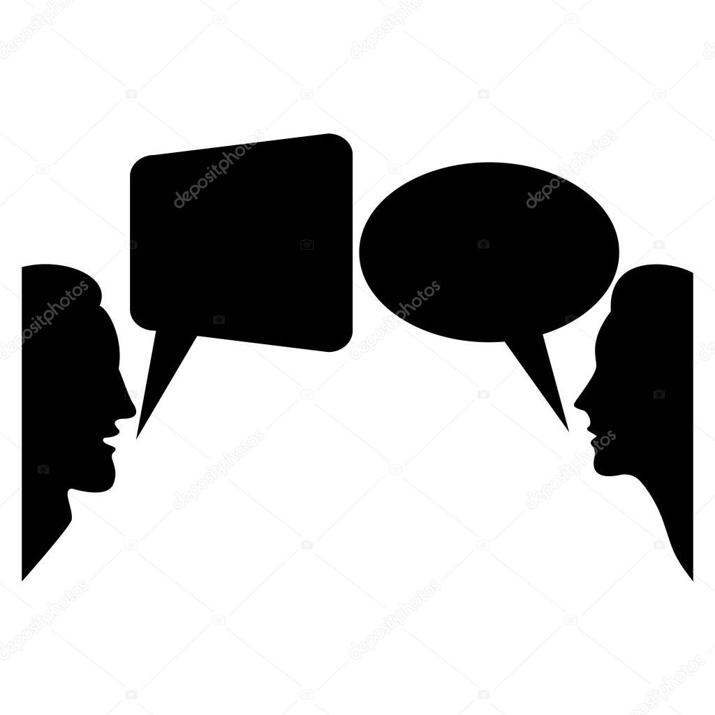 Dialog between man and woman with speech bubbles. Black silhouettes of faces. Vector illustration.