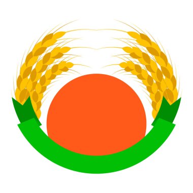 Güneş ve kurdeleli buğday kulaklı logo. Yuvarlak şekiller. Yeşil, turuncu, altın, sarı renkler. Amblem, ikon. İzole vektör illüstrasyonu.