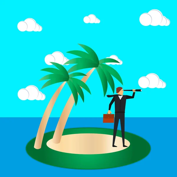 Podnikové Riziko Koncepce Přežití Podnikatel Tropickém Ostrově Podívá Dalekohledem Vektorová — Stockový vektor